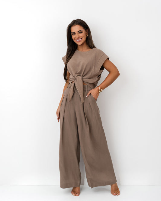 Komplet lniany ciemny beż