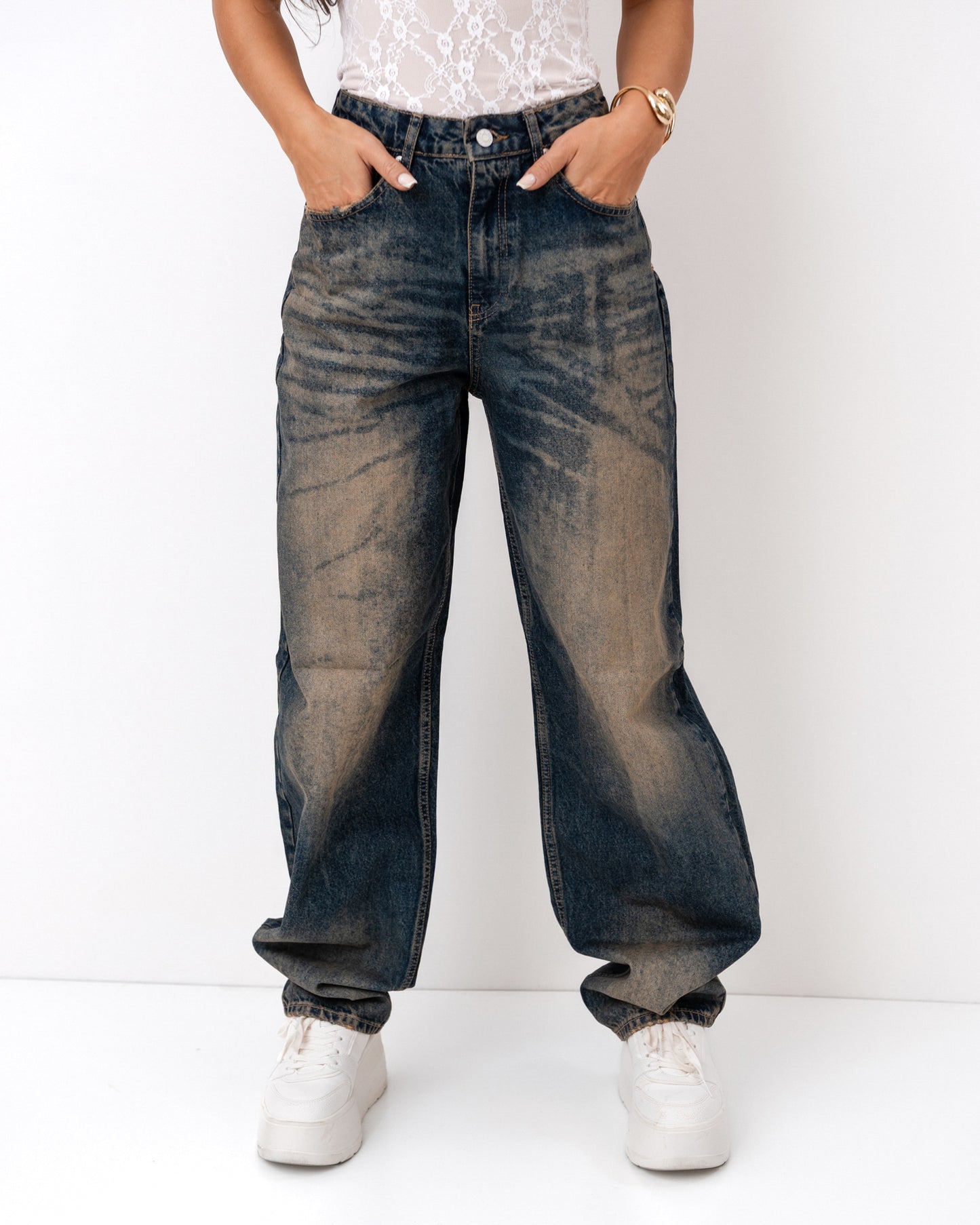 Jeansy wide leg vintage z możliwością podwinięcia nogawki