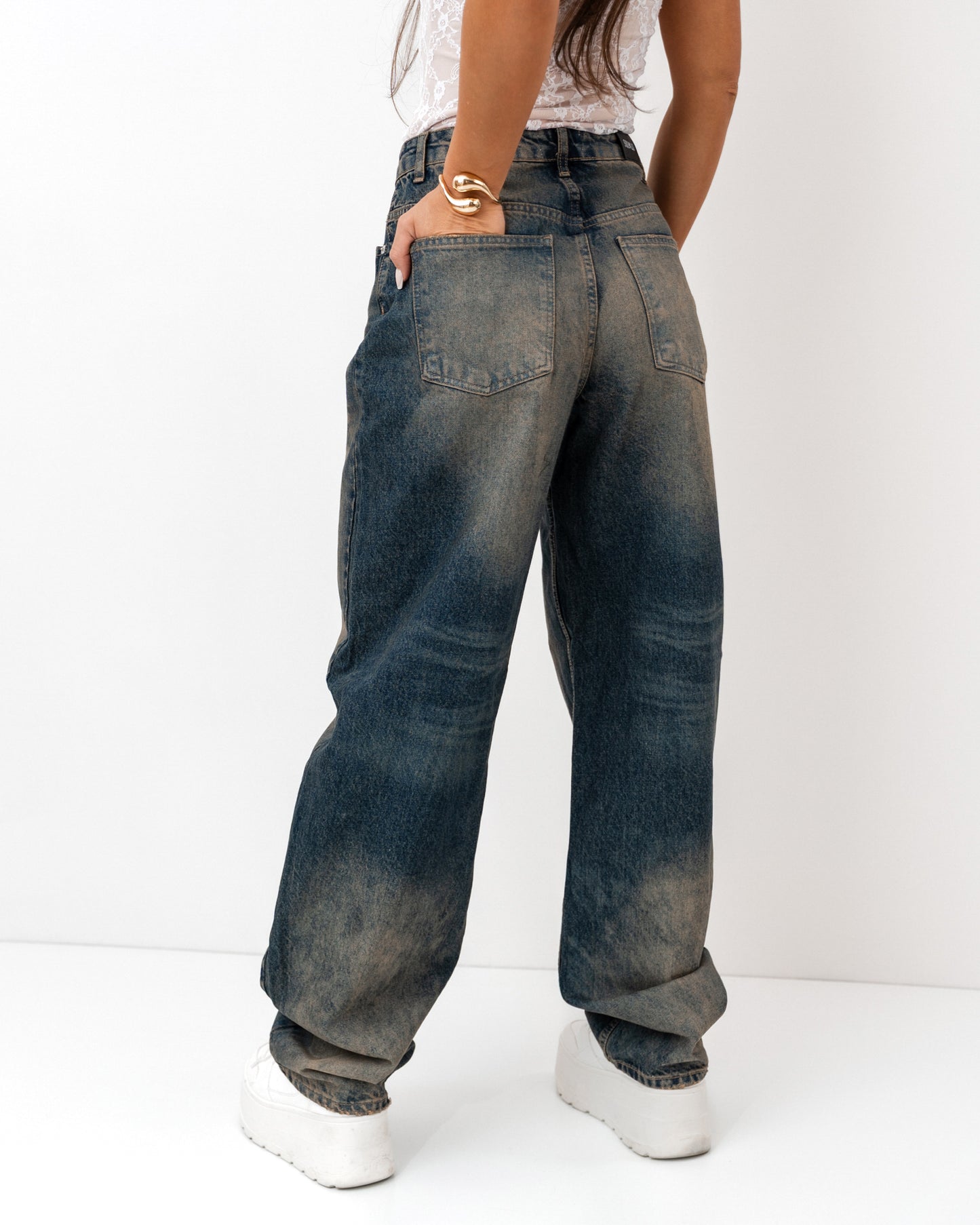 Jeansy wide leg vintage z możliwością podwinięcia nogawki